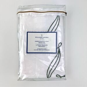 Williams Sonoma Embroidered Linen Leaf Pillowcase Standard White Green